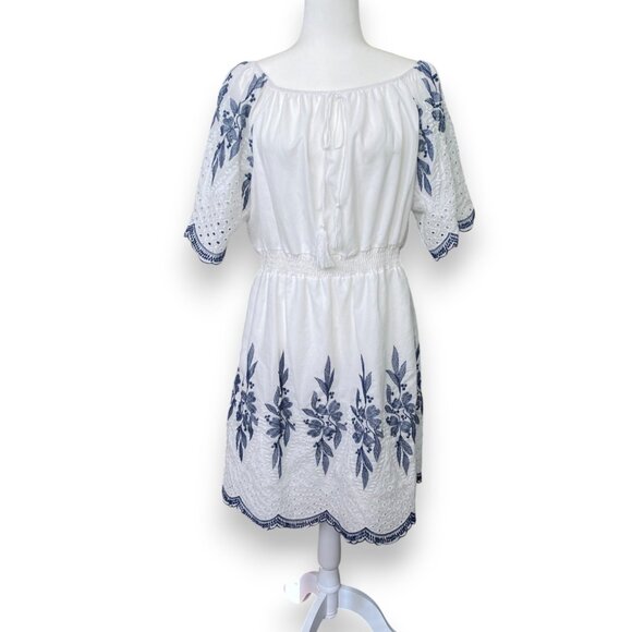 Kindred Anthropologie Dress White Peasant Boho Embroidered Eyelet  1X - Picture 1 of 9